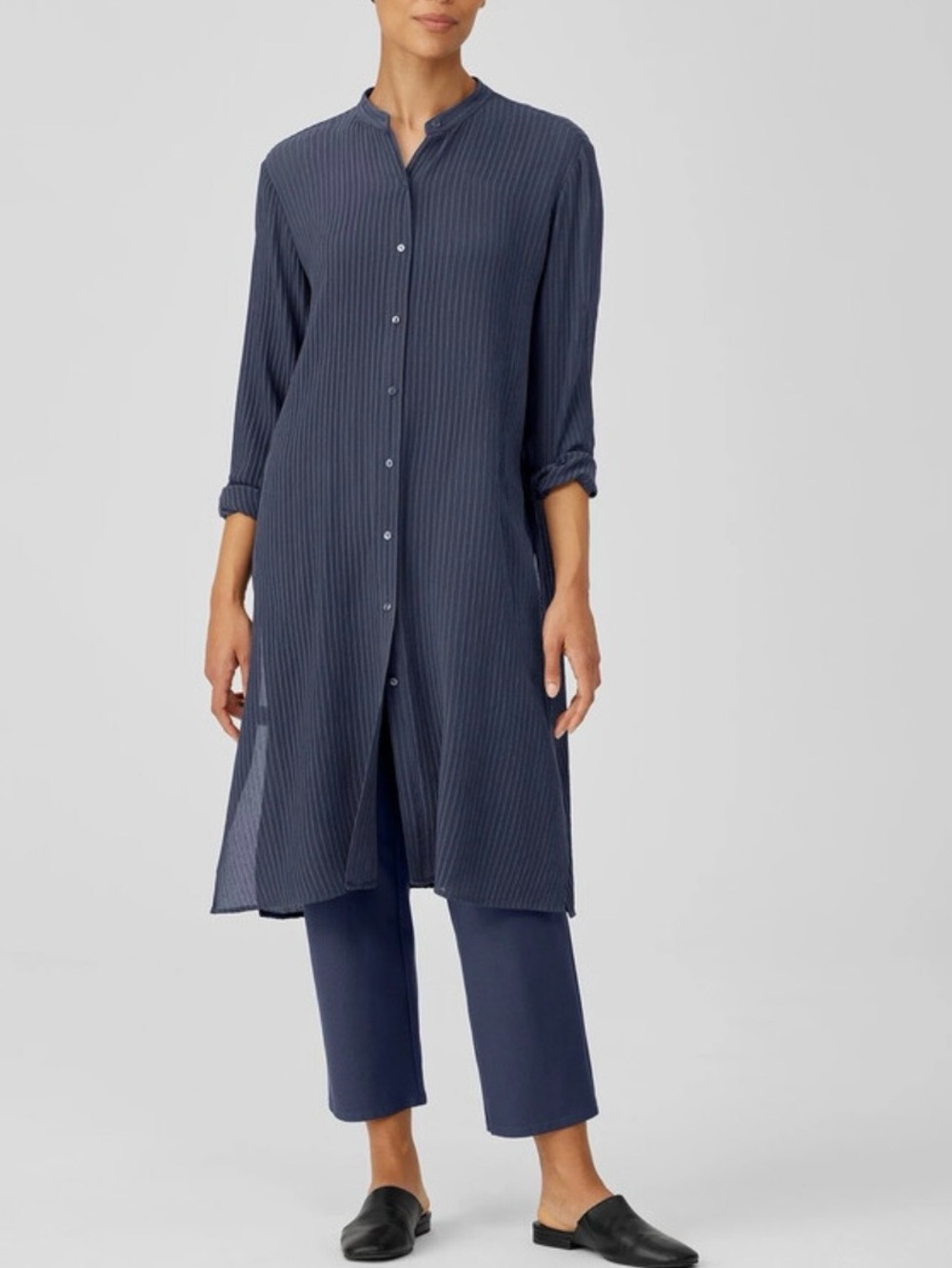 Eileen Fisher Accordion Silk Jacquard Mandarin Collar Long Shirt